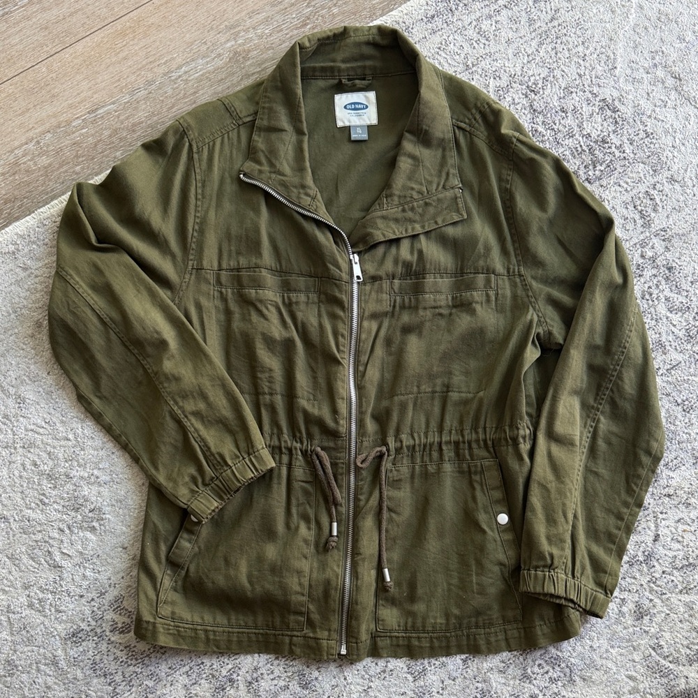 Old Navy Olive Drawstring Zip Front Utility Jacket